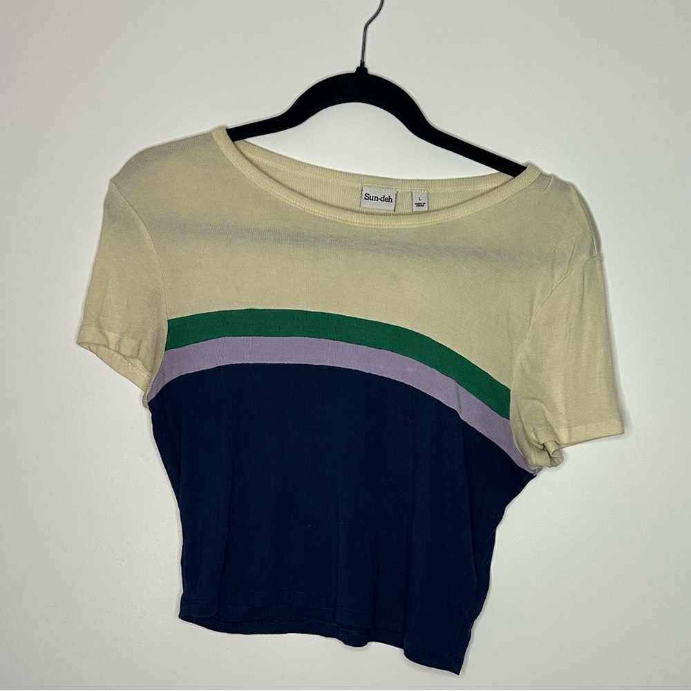 Sunday Best Colorblock Short Sleeve Top in Cream, Navy & Green - Aritzia - L